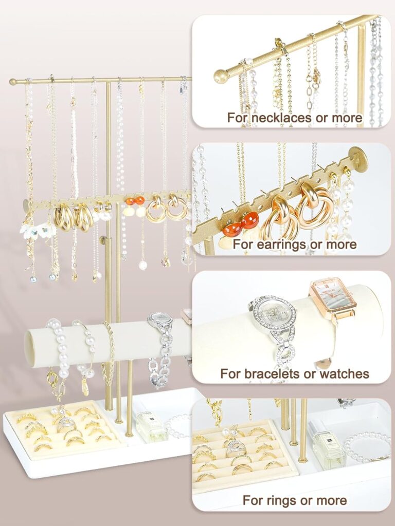 Jenseits Jewelry Organizer Stand Necklace Holder Organizer, 3-Tier Earrings Organizer w/Bracelet Storage Display  Velvet Ring Tray, Cute Metal Aesthetic Jewelry Tower Rack for Women Girls - Gold