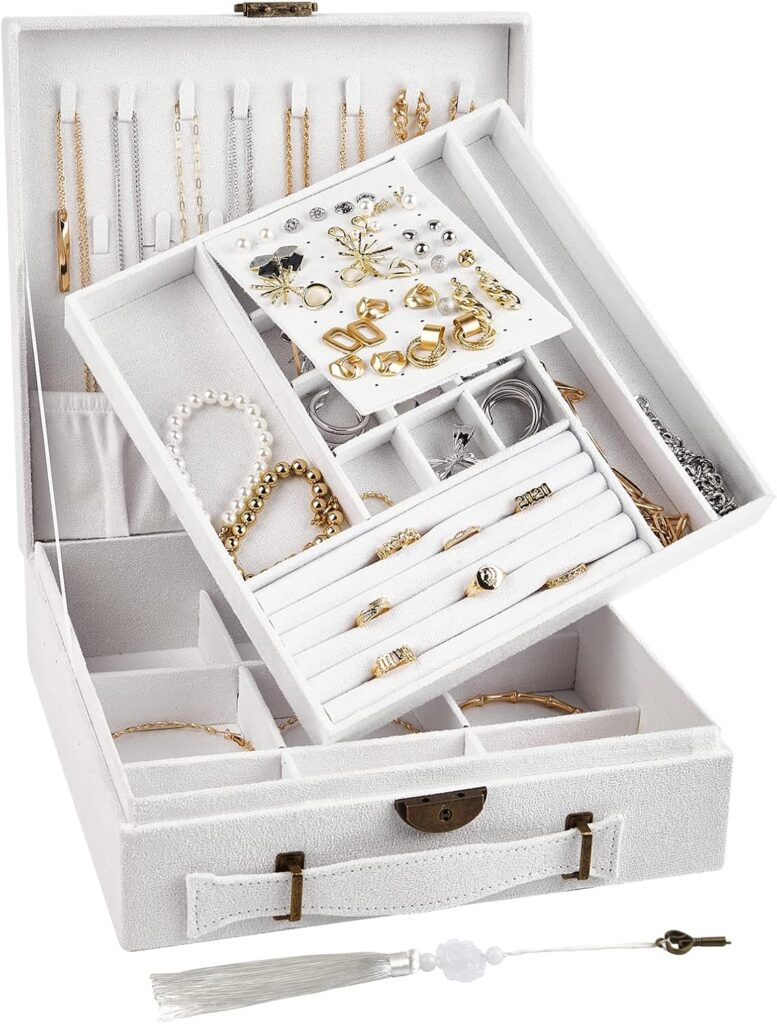 Jewelry box, 2 Layers, Jewelry Storage and Display Box, Large Capacity Double Row Necklace Storage,with Handle, with Lock,Gift for Your Loved Ones, Vintage Green