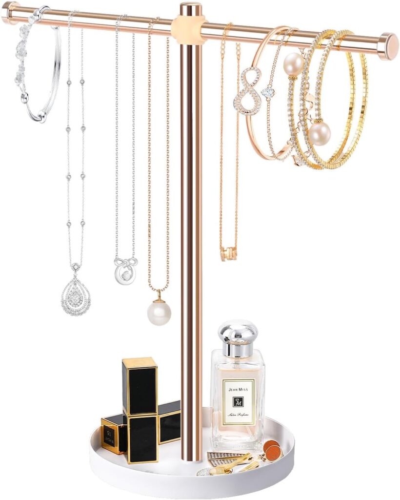 Jewelry Holder Organizer, 12.9 Tall Sturdy Metal Stand,Gold Jewelry Hanger for Necklace, Earring, Bracelet, Ring, for Display and Storage, Aesthetic Room Decor, Jewlery Tree with White Tray