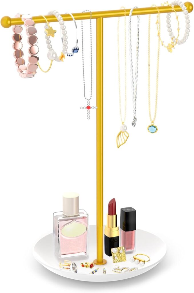 Jewelry Holder Organizer Jewelry Display Stand, Metal Necklace Holder Jewelry Hanger Tower Rack for Rings Bracelets, Jewlery Display and Storage for Women Girls, Gold