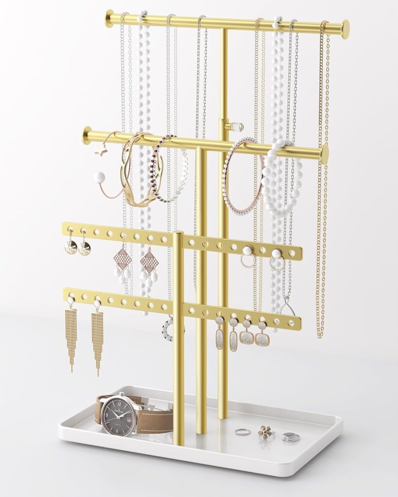 Jewelry Holder Organizer Necklace Display: Metal Aesthetic Room Decor Tree Stand for Necklace Bracelet Hanger and Earrings Storage beautiful jewelry tower for mom wife girlfriend (Gold)