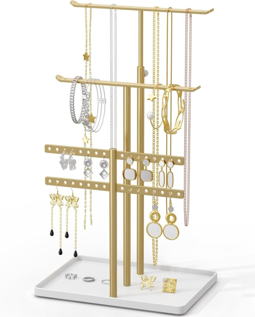Jewelry Holder Organizer Stand - Adjustable Jewelry Tree 17.5 Height (Max), Jewlery Hanger for Necklaces, Bracelets, Earrings, Aesthetic for Storage and Display, Metal, Gold and White