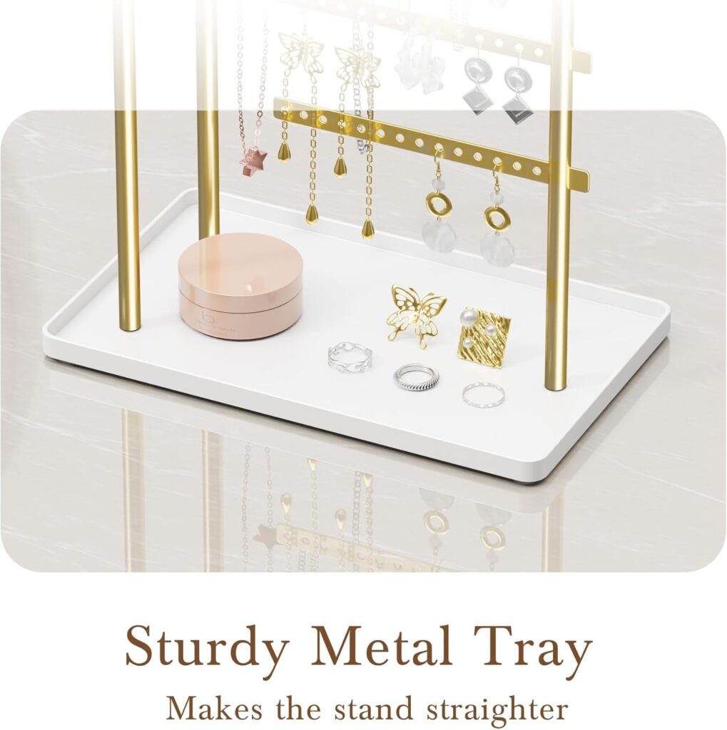 Jewelry Holder Organizer Stand - Adjustable Tall 17.5 (Max), Sturdy Jewelry Hanger for Necklaces, Earrings, Bracelets, Rings, Jewlery Display and Storage, Gold and White, Metal