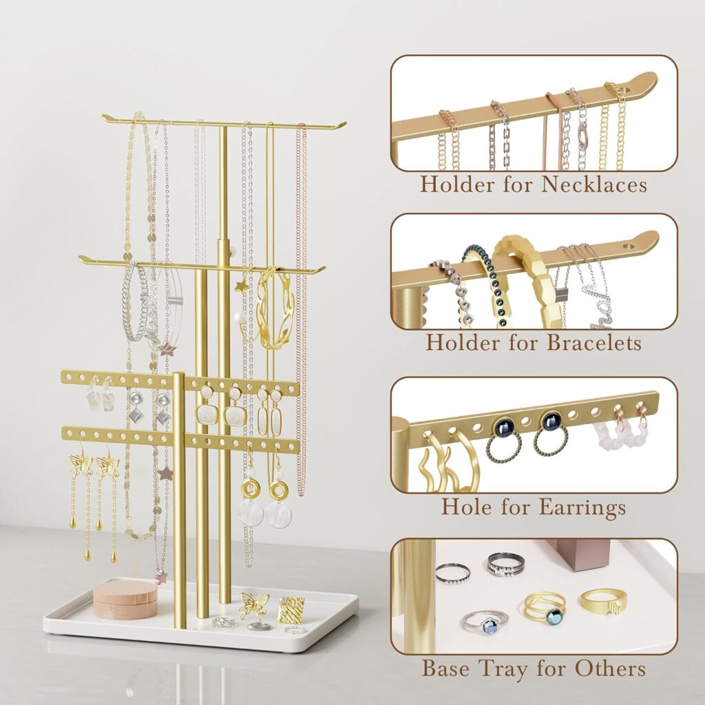 Jewelry Holder Stand Organizer Gold: Hanger for Necklaces, Earrings, Bracelets and Rings, Jewlery Display