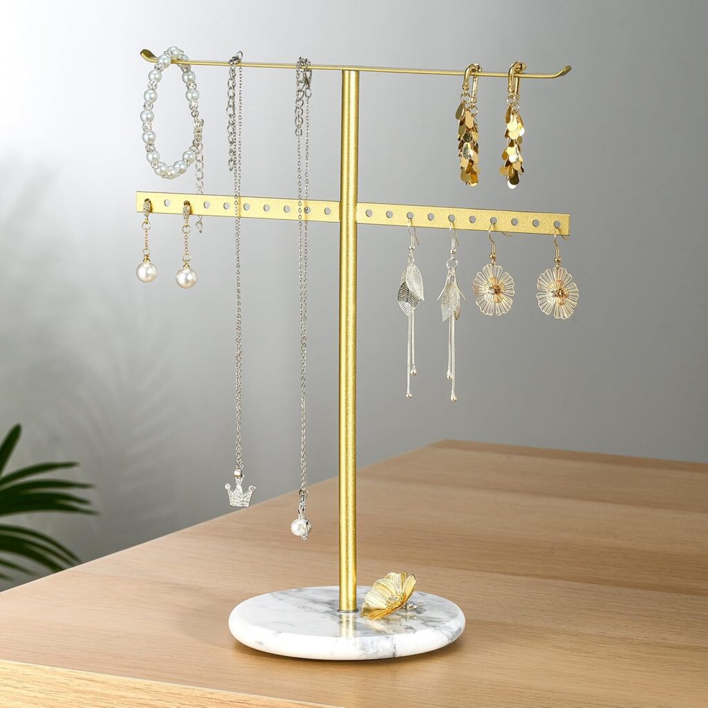 Jewelry Organizer Marble Necklace Stand: Preppy Necklaces Organization for Women and Teen Girls with Gold Rack and Marble Base No.G2