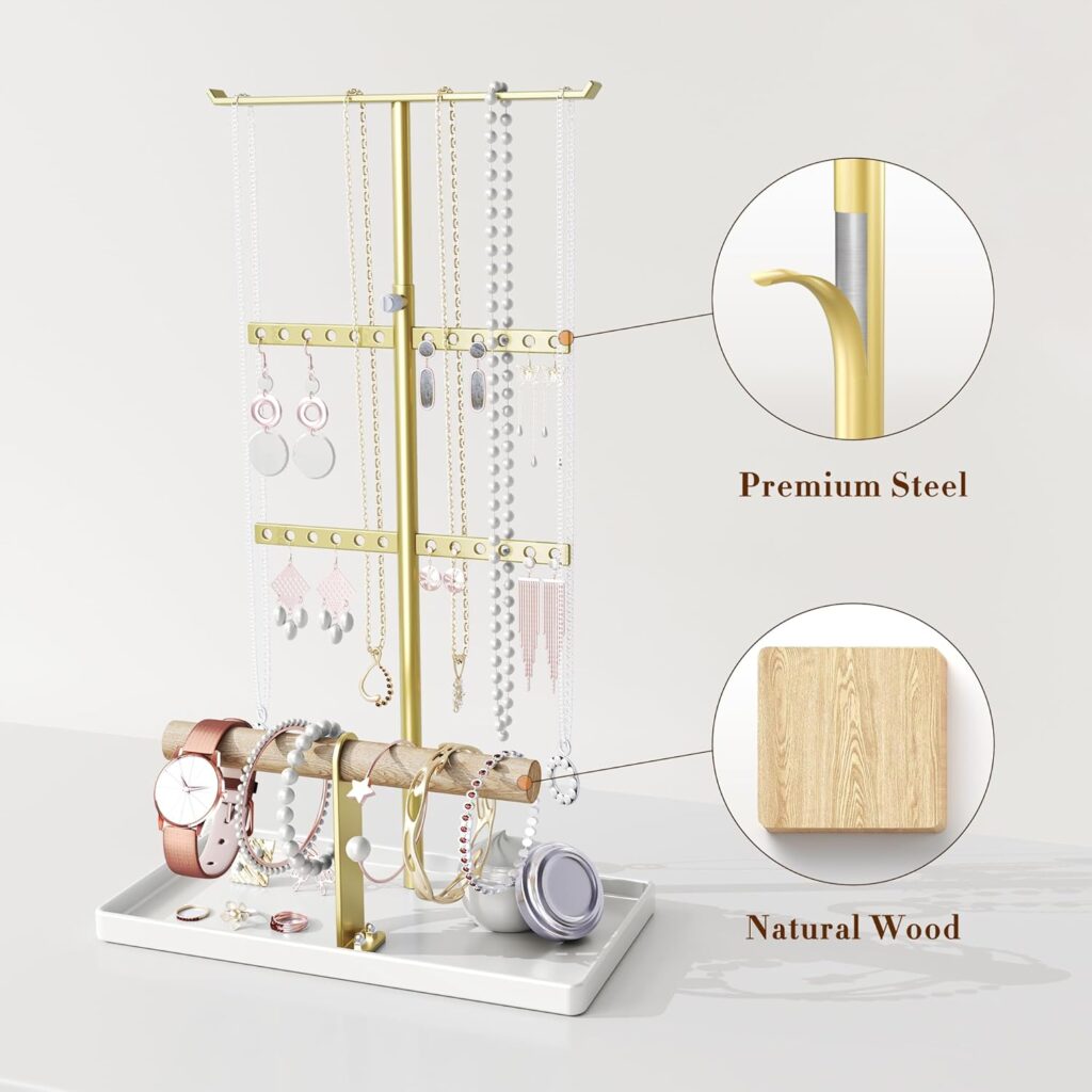 Jewelry Organizer Necklace Holder: Gold Jewelry Stand for Earring and Bracelet Storage