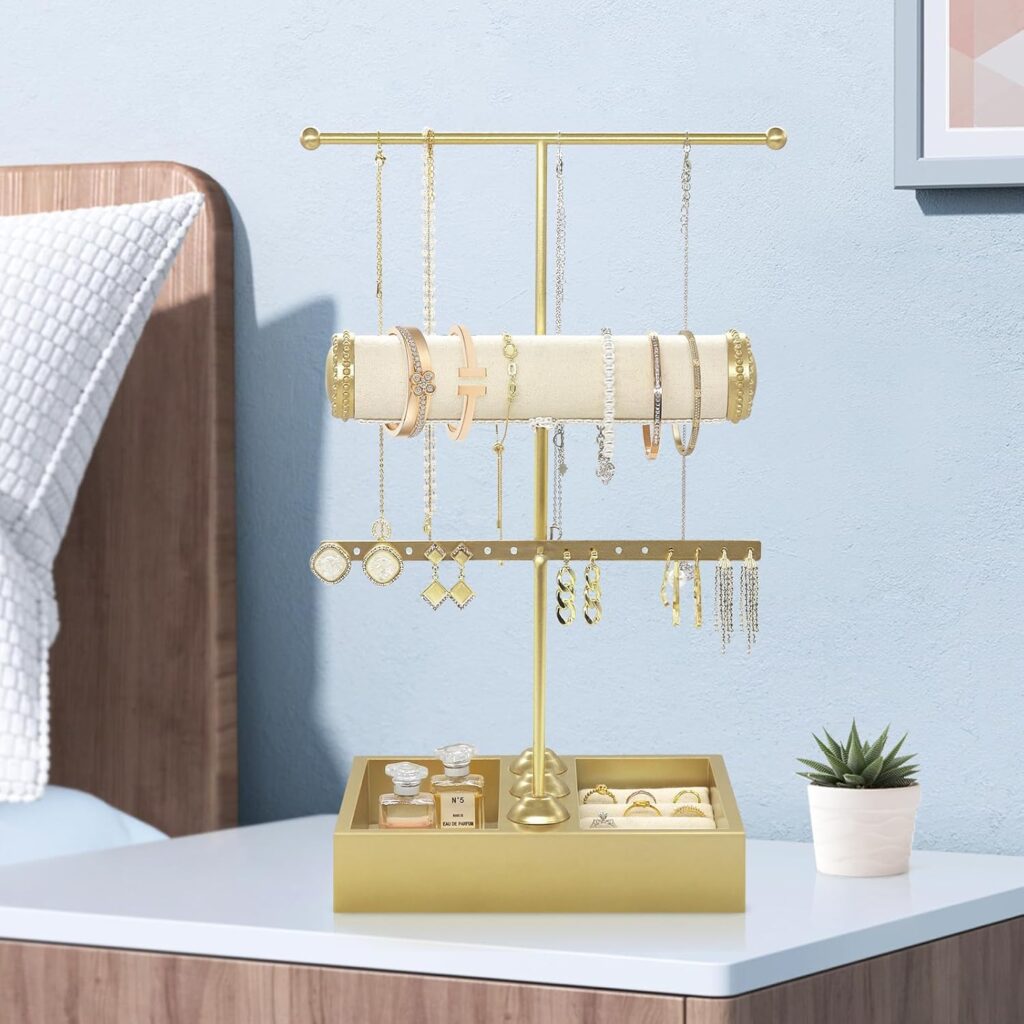 Jewelry Organizer Stand Necklace Holder,3-Tier Earring Holder Organizer Display Gold Jewelry Towers Organizer Holder for Earrings Necklaces Bracelets Watches and Rings