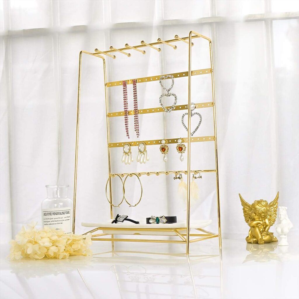 Jewelry Stand Holder Organizer with Tray, Jewelry Hanger Display Storage for Necklace Bracelet Earring Ring,5 Tier, Metal Electroplating,Gifts for Women（Gold）