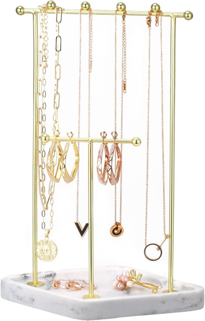 Jewelry Stand Organizer, 2 Tier Jewelry Holder for Necklace Bracelet Earrings, Jewelry Tree Stand with Gold Metal Rack and White Marble Tray