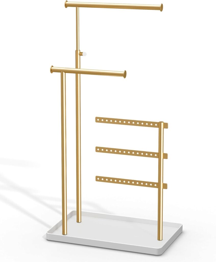Jewelry Tower Organizer Stand, Jewelry Holder for Necklaces, Earrings, Bracelets, Rings, Adjustable Jewelry Holder, Jewlery Display and Storage, Gold Stand with White Tray, Metal