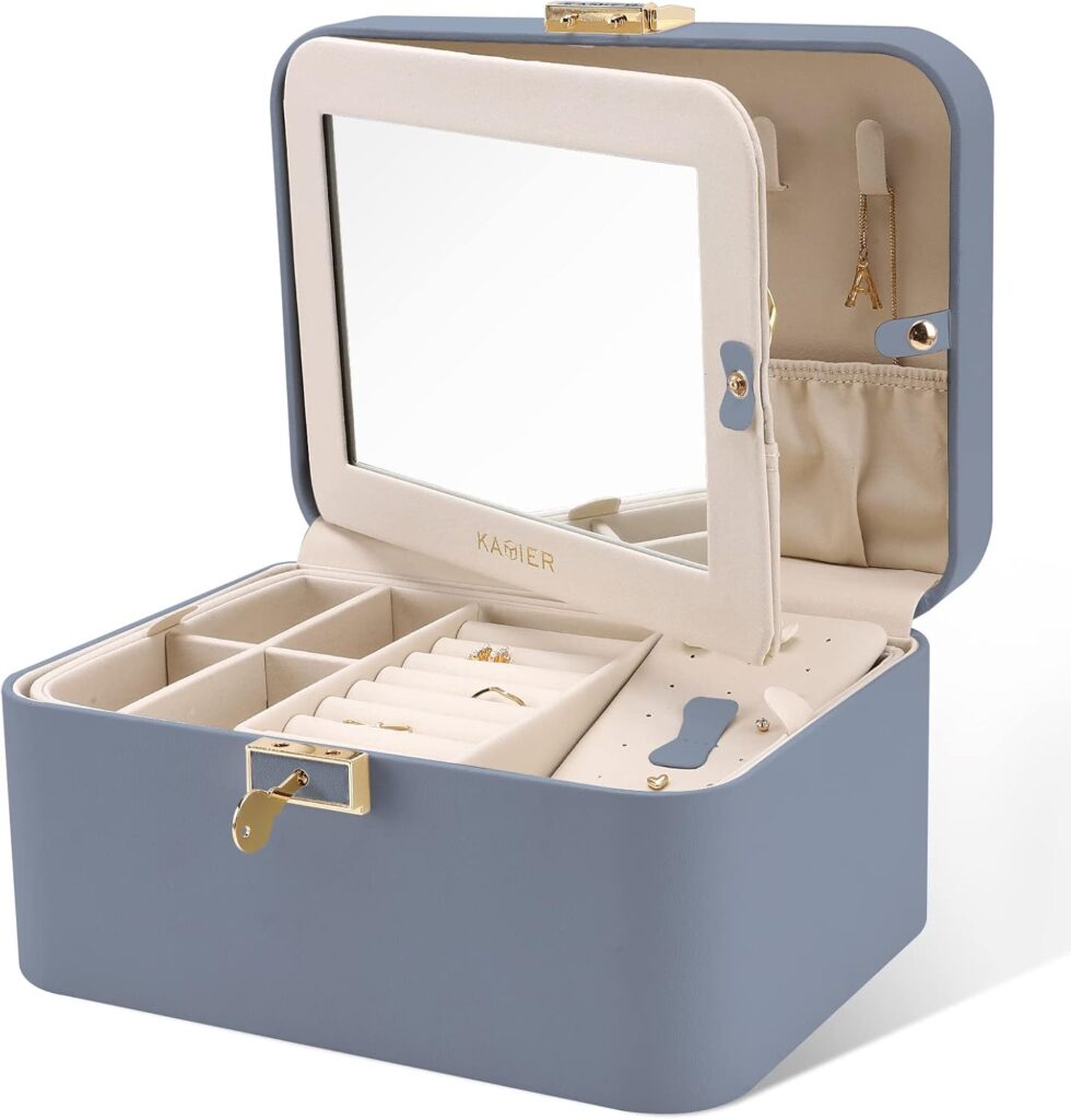KAMIER Jewelry Organizer Box, 2 Layers PU Leather, Large Capacity, Double Lock and Large Mirror, Hidden Necklace Hooks, Removable Dividers, Gift Box Packaging,Bluish Grey