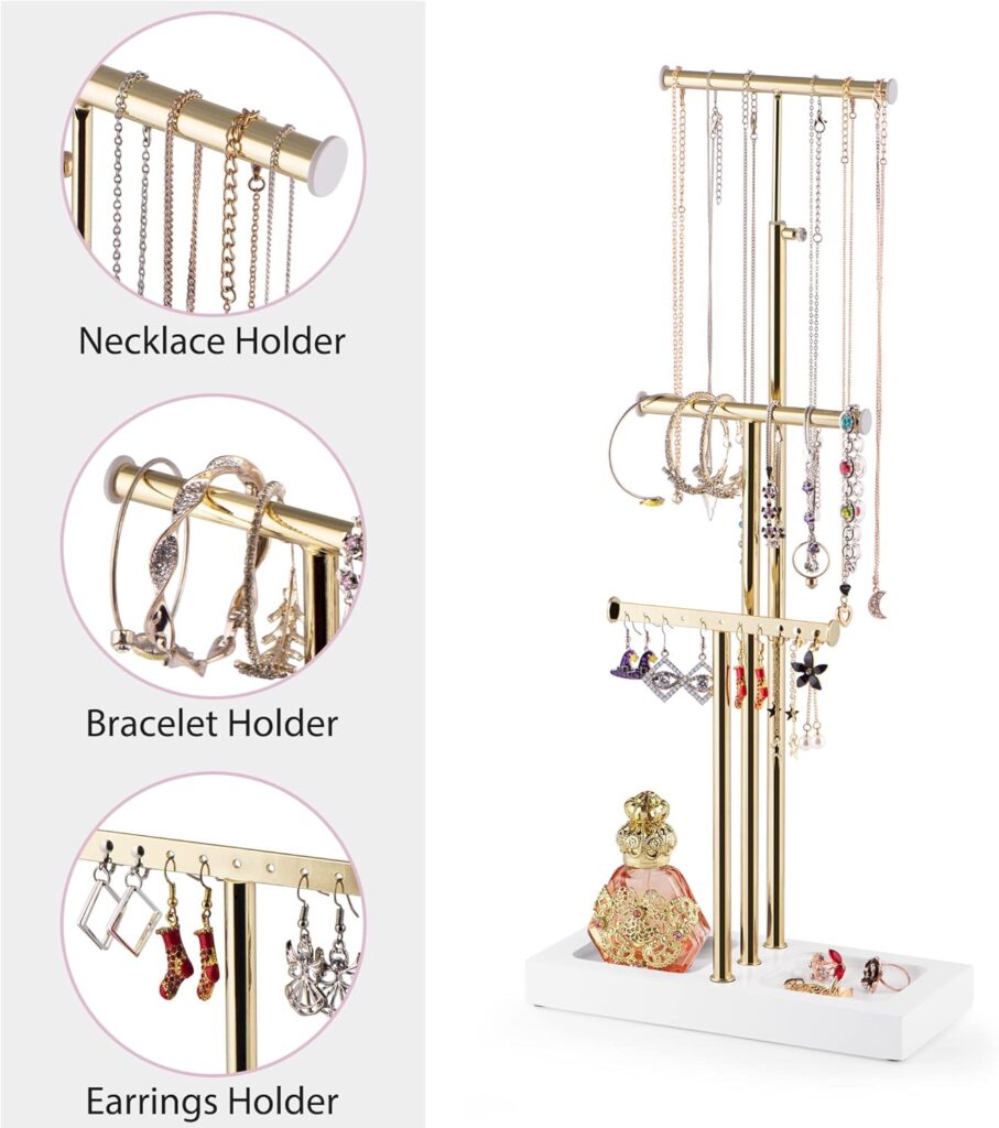 Love-KANKEI Jewelry Organizer Stand,5 Tier Large Necklace Holder with Wood Base,Jewelry holder stand Tree for Display,Bracelets Earrings Rings,Height Adjustable Gift White and Gold