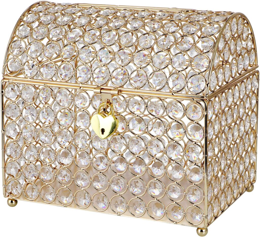 MDLUU Wedding Card Holder Box, Treasure Chest Wedding Money Box with Heart Shaped Lock, Crystal Bead Card Receiving Box for Wedding, Birthday, Graduation (Gold) MDLUU Wedding Card Holder Box, Treasure Chest Wedding Money Box with Heart Shaped Lock, Crystal Bead Card Receiving Box for Wedding, Birthday, Graduation (Gold)