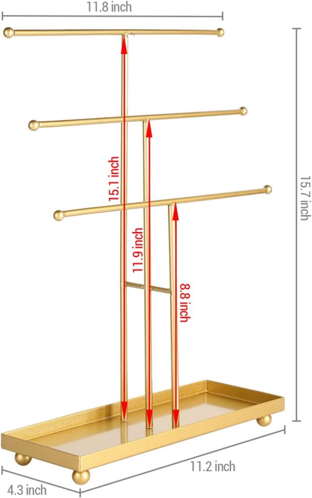 MyGift 3 Tier Brass Metal T-Bar Jewelry Organizer Stand, Necklace and Bracelet Hanging Display with Ring Tray