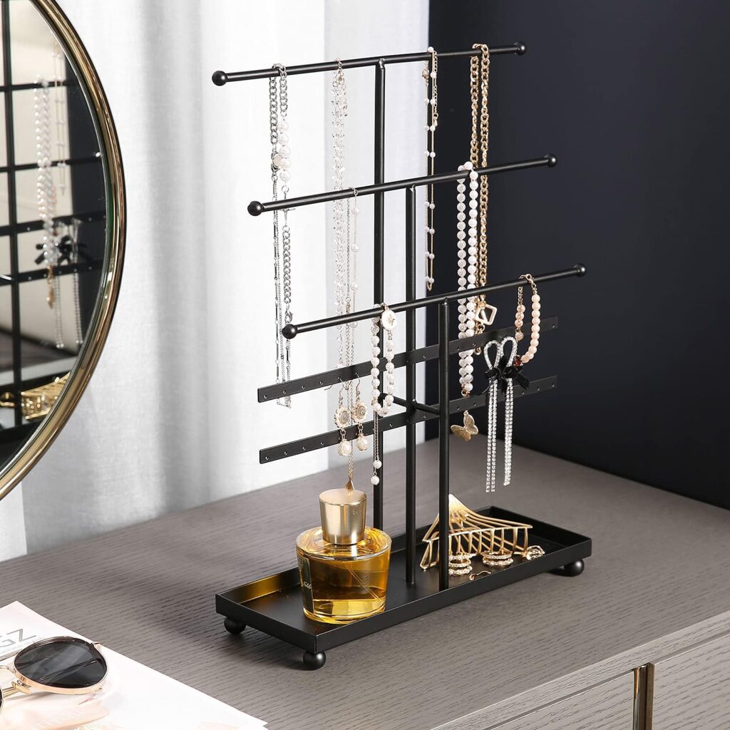 MyGift 5-Tier Gold Tabletop Metal Jewelry Necklace, Bracelet, Earring, Organizer with Ring Tray