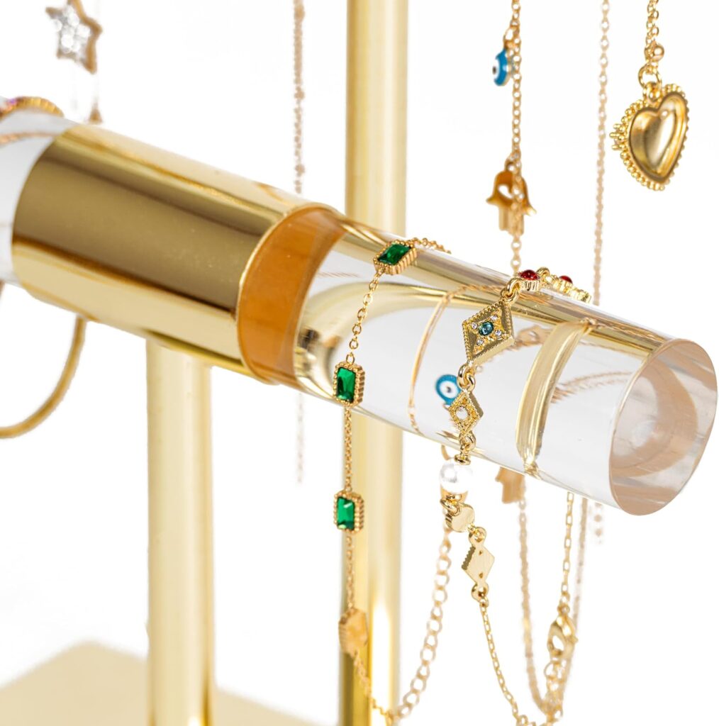 Necklace Holder Bracelet Holder Jewelry Organizer,Shiny Gold  Acrylic Jewelry Display for Vendors, 2-Tier Crystal T Bar Jewelry Stand, Cute Jewelry Holder Organizer, Home Decor (assembly free)