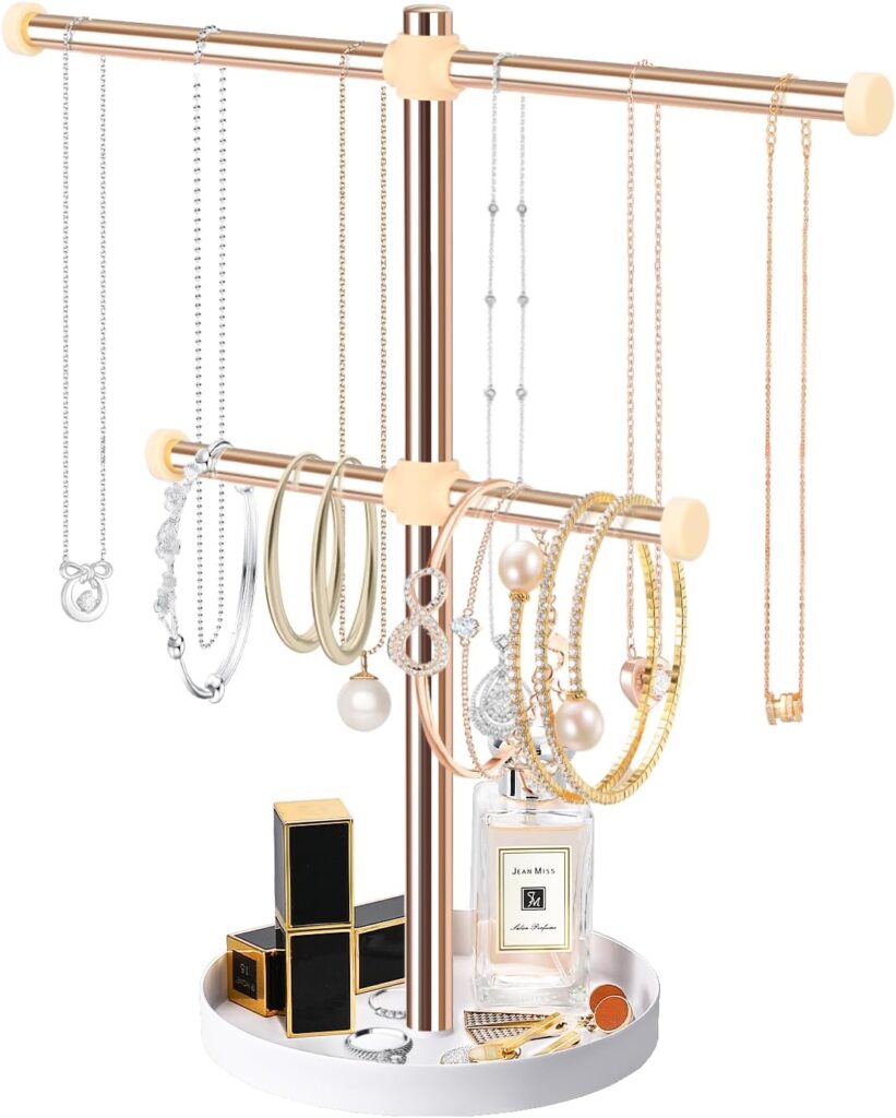 Necklace Holder Organizer Stand,2-Tier Sturdy Metal Jewelry Stand with Round Tray for Bracelet Bangles Holder Display,12.9 Tall for Long Necklace
