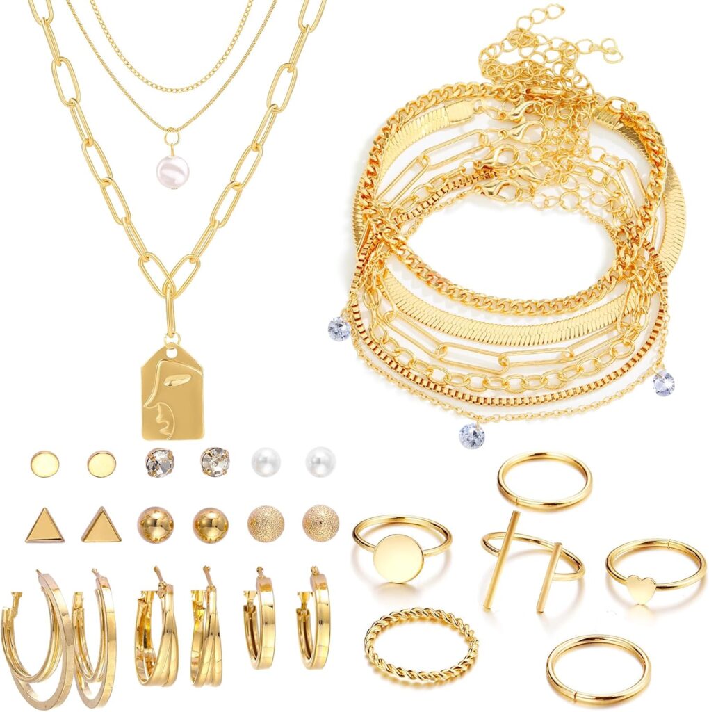 NEWITIN 33 Pieces Gold Jewelry Set for Women Fashion Costume Jewelry Gold Plated Necklace Bracelet Ring Gold Earrings Set for Women