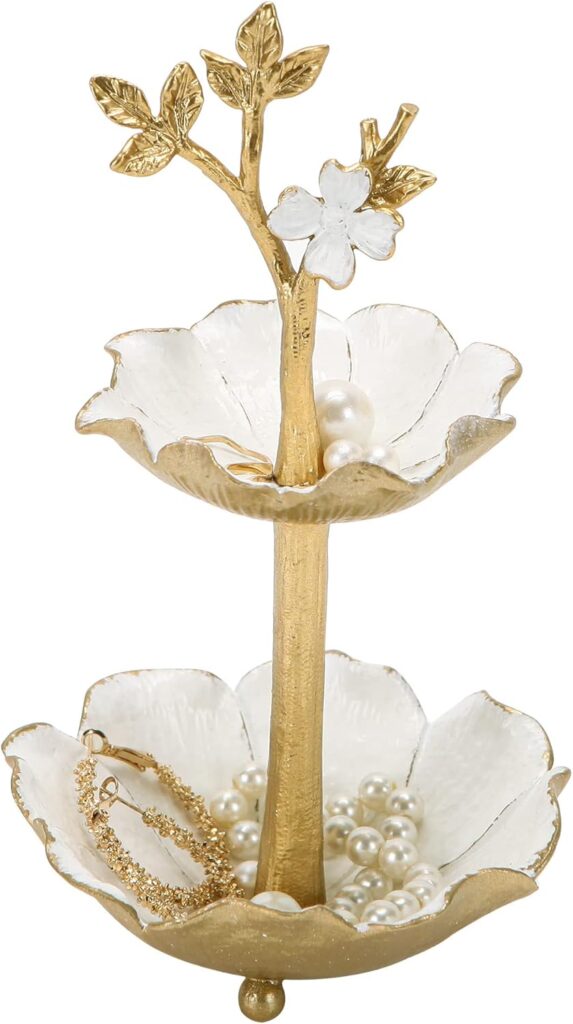 NIKKY HOME Gold Metal Jewelry Holder Stand With Ring Tray, Tree Jewelry Organizer Decorative Flower Jewelry Necklace Holder Organizer Rack Tower