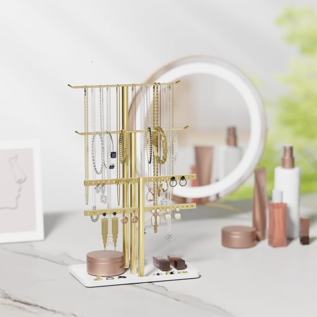 pickpiff Jewelry Stand Holder Organizer: 14.5 Sturdy Jewelry Hanger for Necklace, Earring, Bracelet, Gold and White