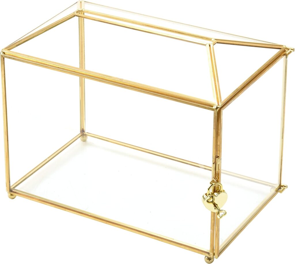 Secured Glass Wedding Gift Card Box, Clear Gold Box with Lock for Ballot/Donation/Raffle/Reception, Upgraded Safety Golden Glass Box, 10.3 x 5.9 x 8.5(L W H) Secured Glass Wedding Gift Card Box, Clear Gold Box with Lock for Ballot/Donation/Raffle/Reception, Upgraded Safety Golden Glass Box, 10.3 x 5.9 x 8.5(L W H)