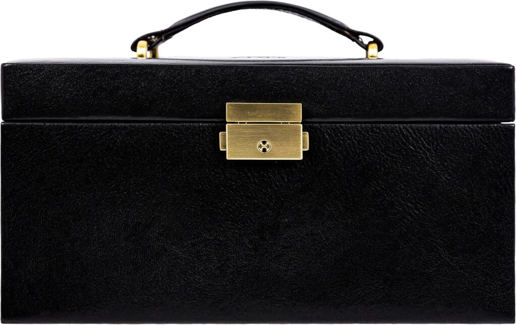 Time Resistance Jewelry Box - Full Grain Leather Jewellery Organizer - Black Accessories Storage Key Lock - Jewellery Box for Women