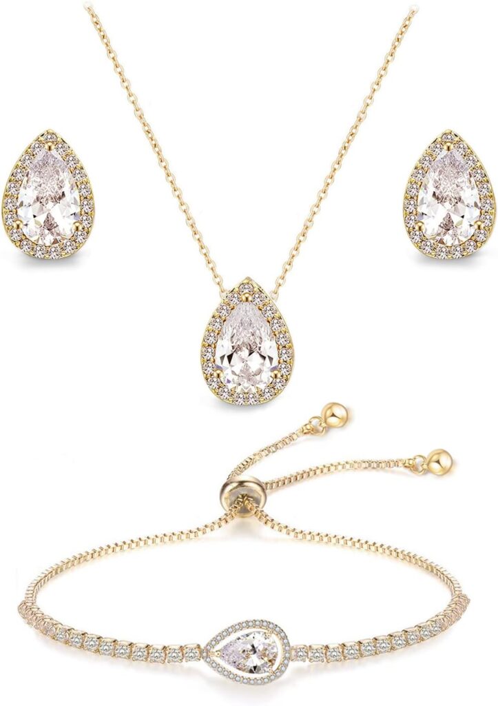 UDYLGOON CZ Tearsdrop Earrings Necklace Jewelry Set For Bride Bridesmaids Bridal Wedding Party Prom