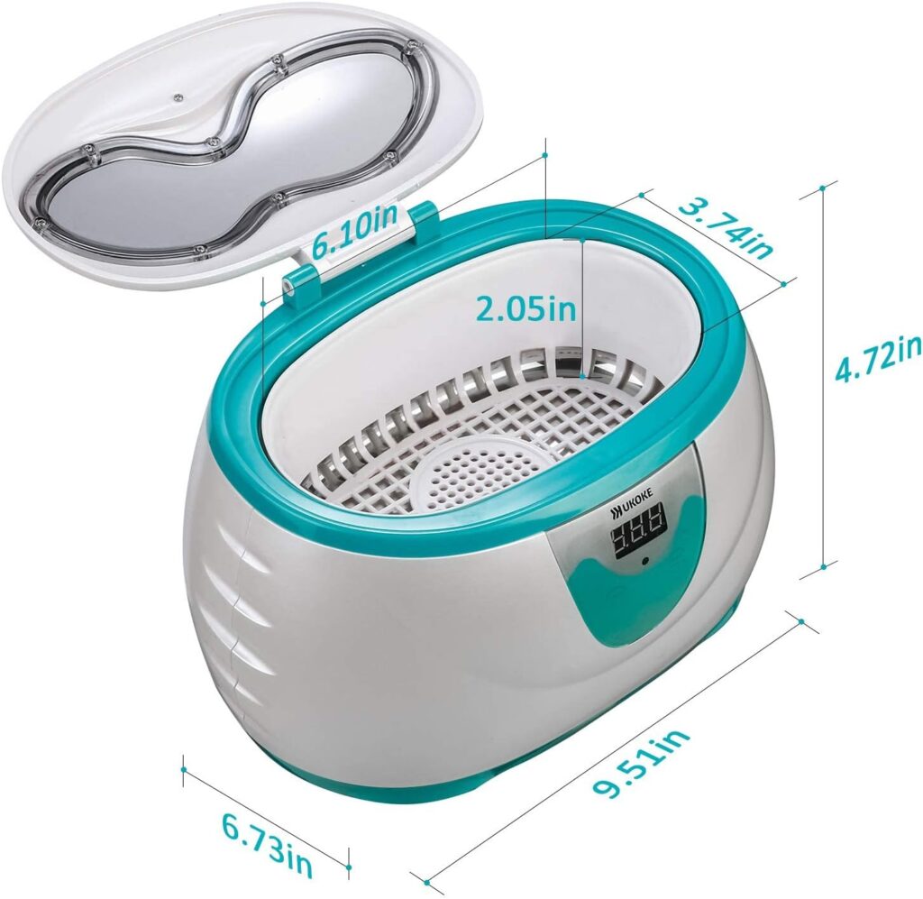 UKOKE 3800S, Professional Jewelry Timer, Portable Household Ultrasonic Cleaning Machine, Eyeglasses Denture Cleaner, 0.6 L, Silver