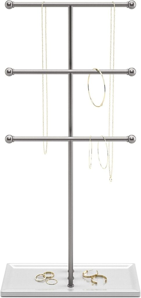Umbra Trigem Hanging Jewelry Organizer Tiered Tabletop Free Standing Necklace Holder Display, White/Gold