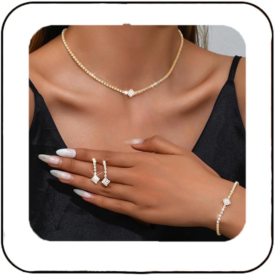 Unicra Silver Bridal Wedding Jewelry Set Sparkly Rhinestone Necklace Earrings Bracelet Sets Formal Costume Jewelry for Women and Brides