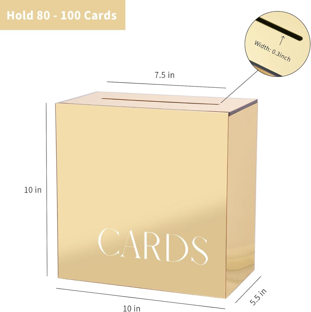 UNIQOOO Metallic Gold Mirror Acrylic Wedding Card Box with Slot, Large 10x10x5.5 inch w/White Print | Thick DIY Wedding Receptions Wishing Well Money Box, Graduation, Birthday, Memory Box
