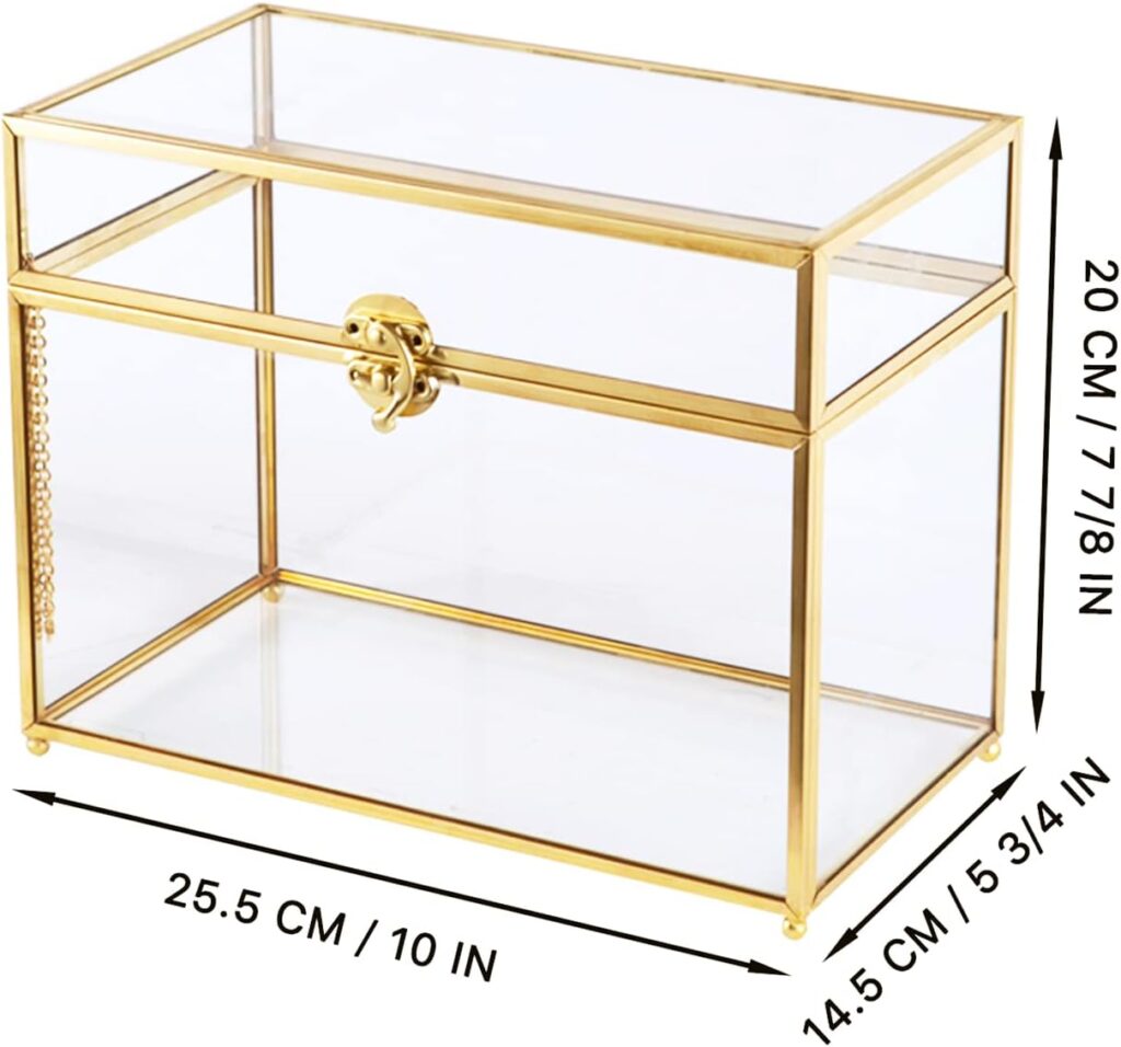 Vellon Gold Clear Glass Wedding Gift Card Box with Buckle Lock, Desktop Cosmetic Storage Organizer with Lib, Keepsake Box/Makeup Container, Golden Jewelry Box Vellon Gold Clear Glass Wedding Gift Card Box with Buckle Lock, Desktop Cosmetic Storage Organizer with Lib, Keepsake Box/Makeup Container, Golden Jewelry Box