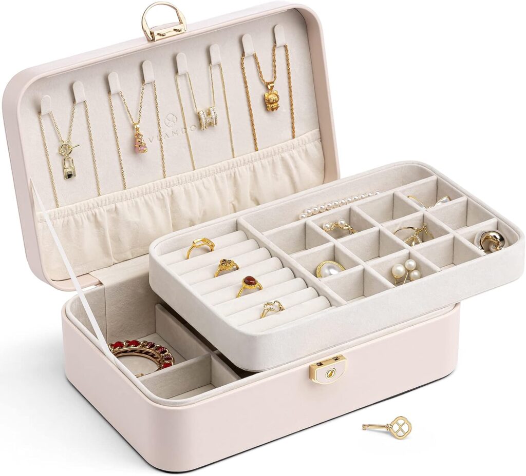 Vlando Lockable Jewelry Box,Faux Leather Jewelry Organizer for Women,Medium Jewelry Case Storage with 2 Drawn,Earrings Necklace Boxes Gift Box Packaging White