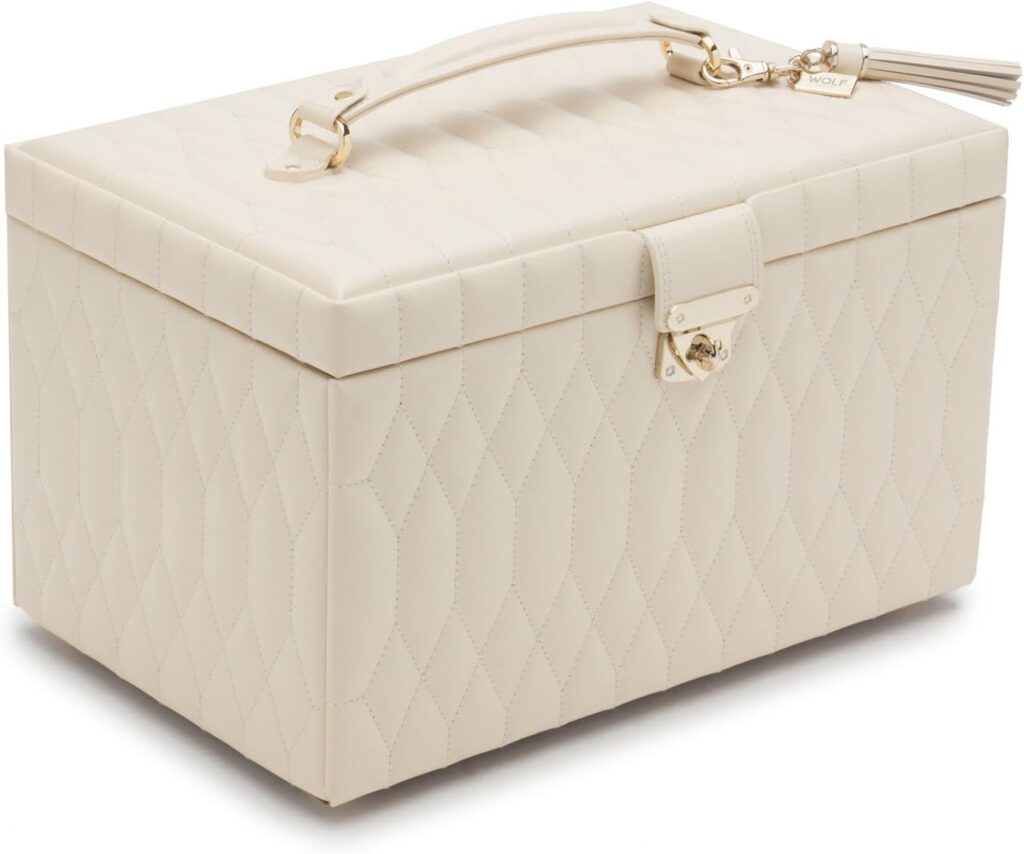 WOLF Caroline Large Jewelry Case, Ivory - 19 Compartments  Four Ring Rolls - Anti-Tarnish LusterLoc Lining - Includes Travel Case