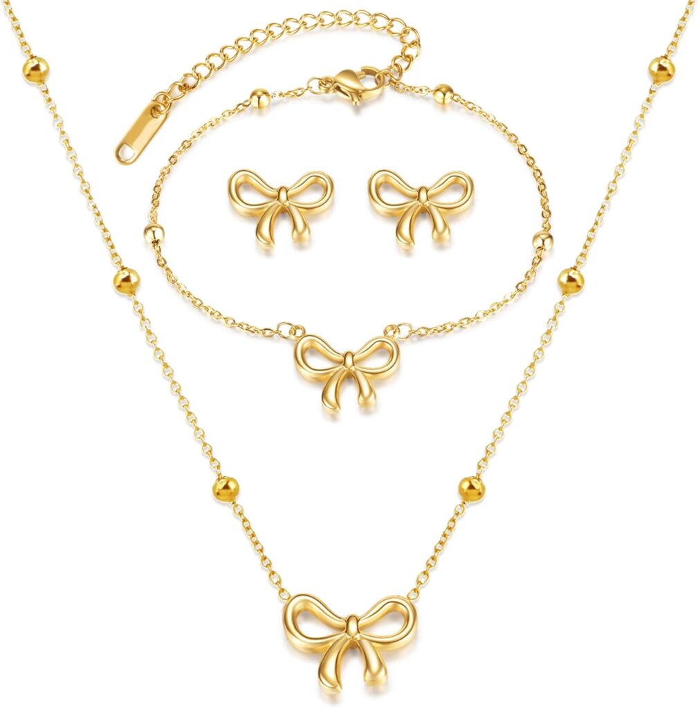 YANCHUN Gold Bow Necklace for Women Dainty Gold Bow Bracelet Bowknot Necklace Gold Bow Stud Earrings Gold Bow Ring Jewelry Set for Girls