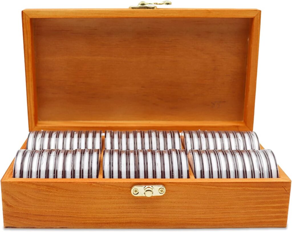 20-46 mm Wooden Coin Holder, 60 pcs Highly Transparent Coin Capsules with Foam Gasket, Coins Collector Case Holder, Professional Coin Storage Case Box for Coin Collection (Bronze)
