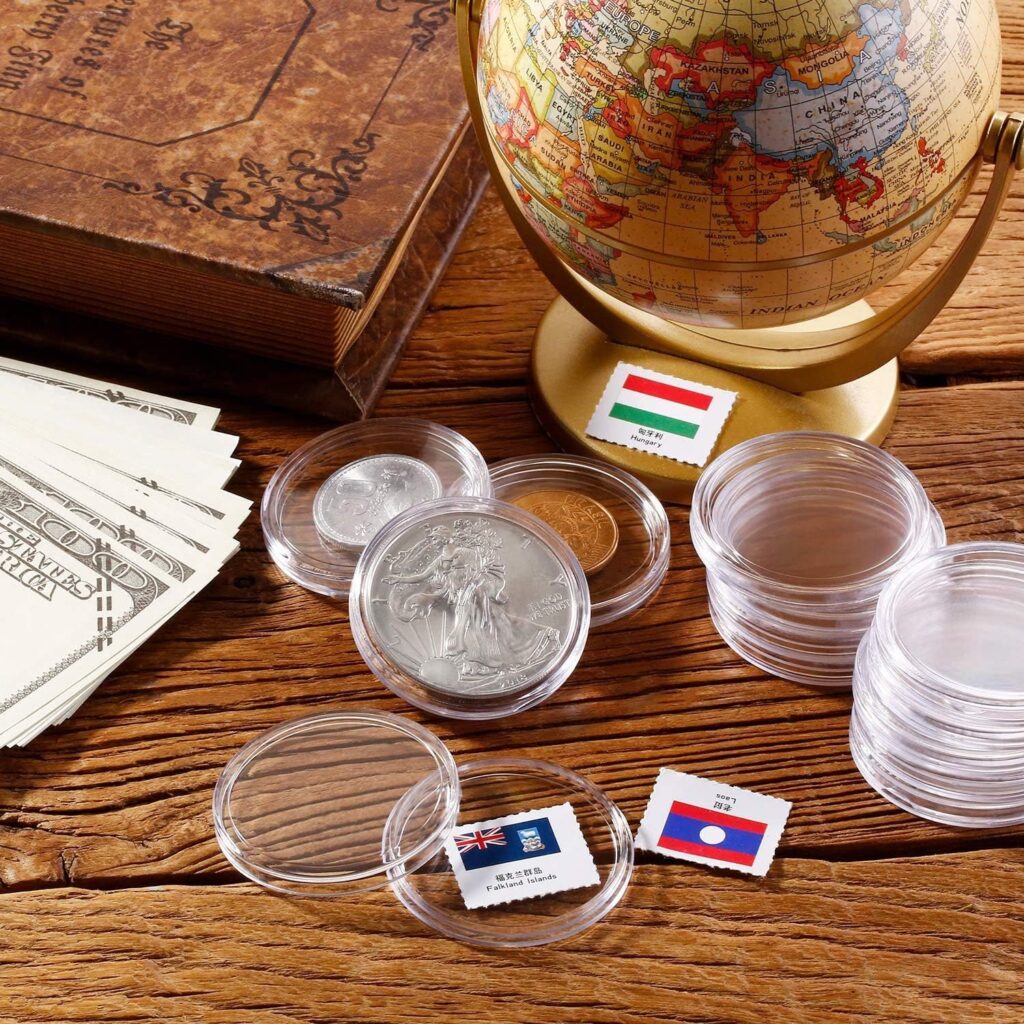 40 mm Silver Coin Holder Coin Case Coin Capsules Storage Container with Storage Organizer Box for Coin Collection Supplies (60 Pieces)