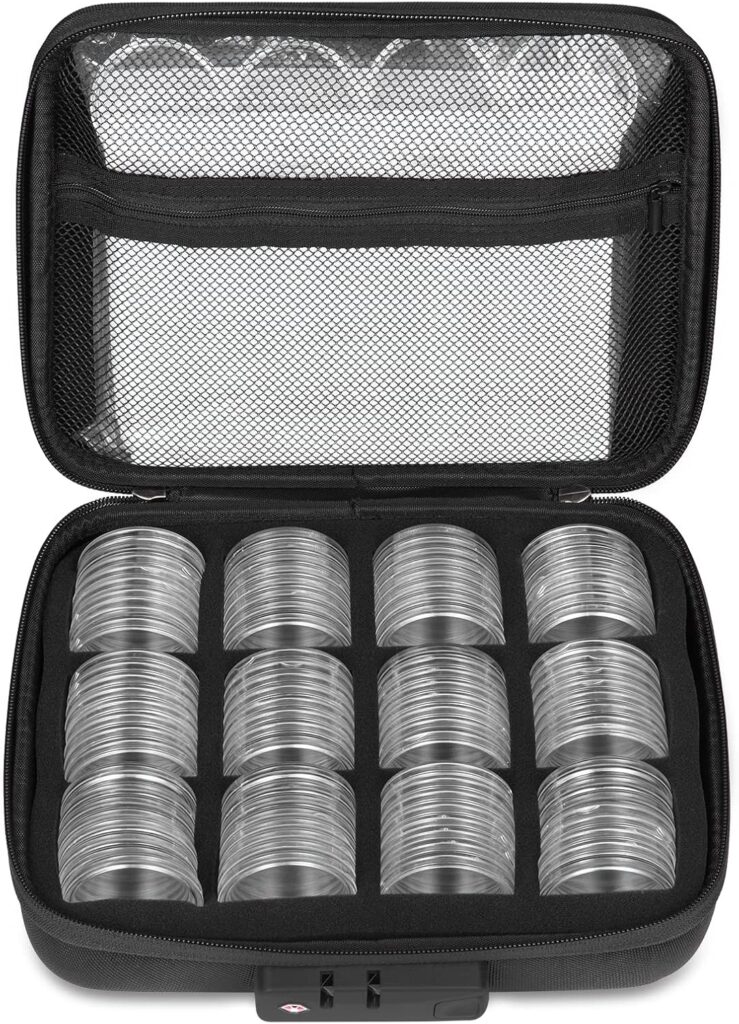 46mm Coin Holders for Collectors, MUODR Coin Storage Case with Lock,100 Pieces Coin Capsule and 11 Size Gasket, Coin Collection Supplies For Dime,Cent,Nickel,Quarter,Silver Dollar,Half Dollar