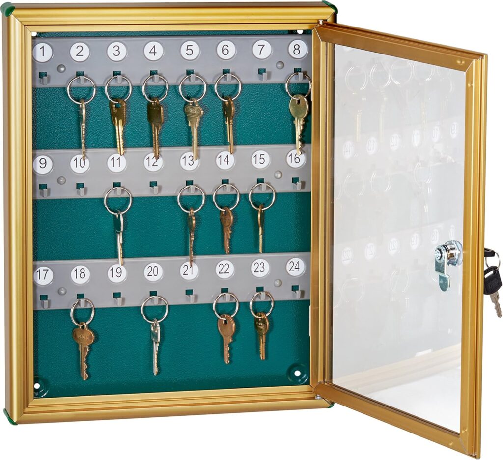 AdirOffice Glass Key Cabinet Security Box - Wall Mount Valet Lock Box - Adjustable Key Cabinet - Holds 24 Keys (Gold) AdirOffice Glass Key Cabinet Security Box - Wall Mount Valet Lock Box - Adjustable Key Cabinet - Holds 24 Keys (Gold)