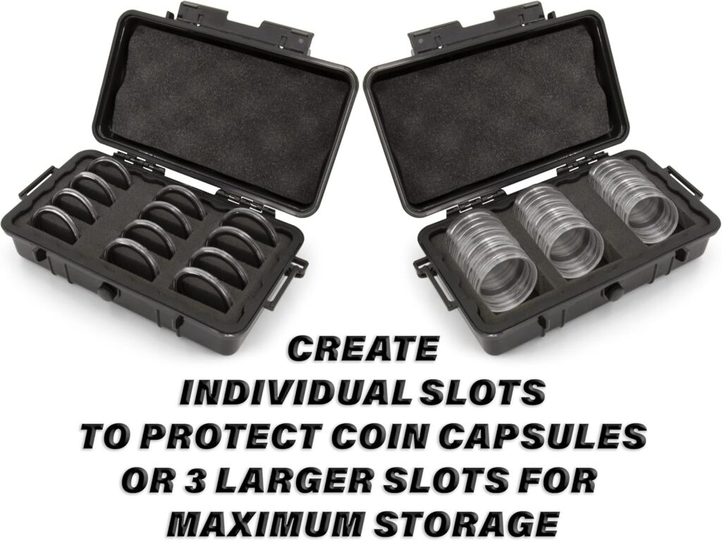 CASEMATIX Coin Case Fits 30+ Coin Holder Capsules for Silver Dollar, American Silver Eagle And More Coin Collection Supplies in Customizable Waterproof Airtight Coin Storage Box Foam up to 52mm