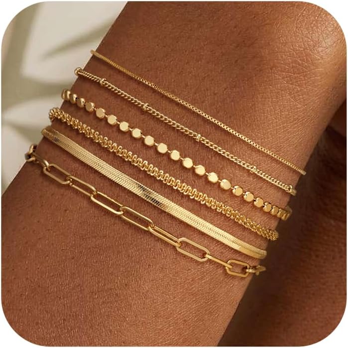 DEARMAY Waterproof Gold Bracelets Set for Women Trendy, Dainty 14K Real Gold Plated Jewelry Fashion Stackable Tennis Beaded Figaro Herringbone Paperclip Link Bracelet Pack Stack Gifts for Women