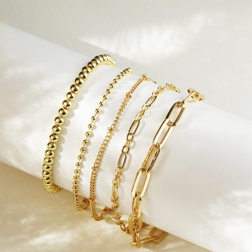 DEARMAY Waterproof Gold Bracelets Set for Women Trendy, Dainty 14K Real Gold Plated Jewelry Fashion Stackable Tennis Beaded Figaro Herringbone Paperclip Link Bracelet Pack Stack Gifts for Women