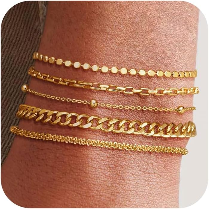 DEARMAY Waterproof Gold Bracelets Set for Women Trendy, Dainty 14K Real Gold Plated Jewelry Fashion Stackable Tennis Beaded Figaro Herringbone Paperclip Link Bracelet Pack Stack Gifts for Women