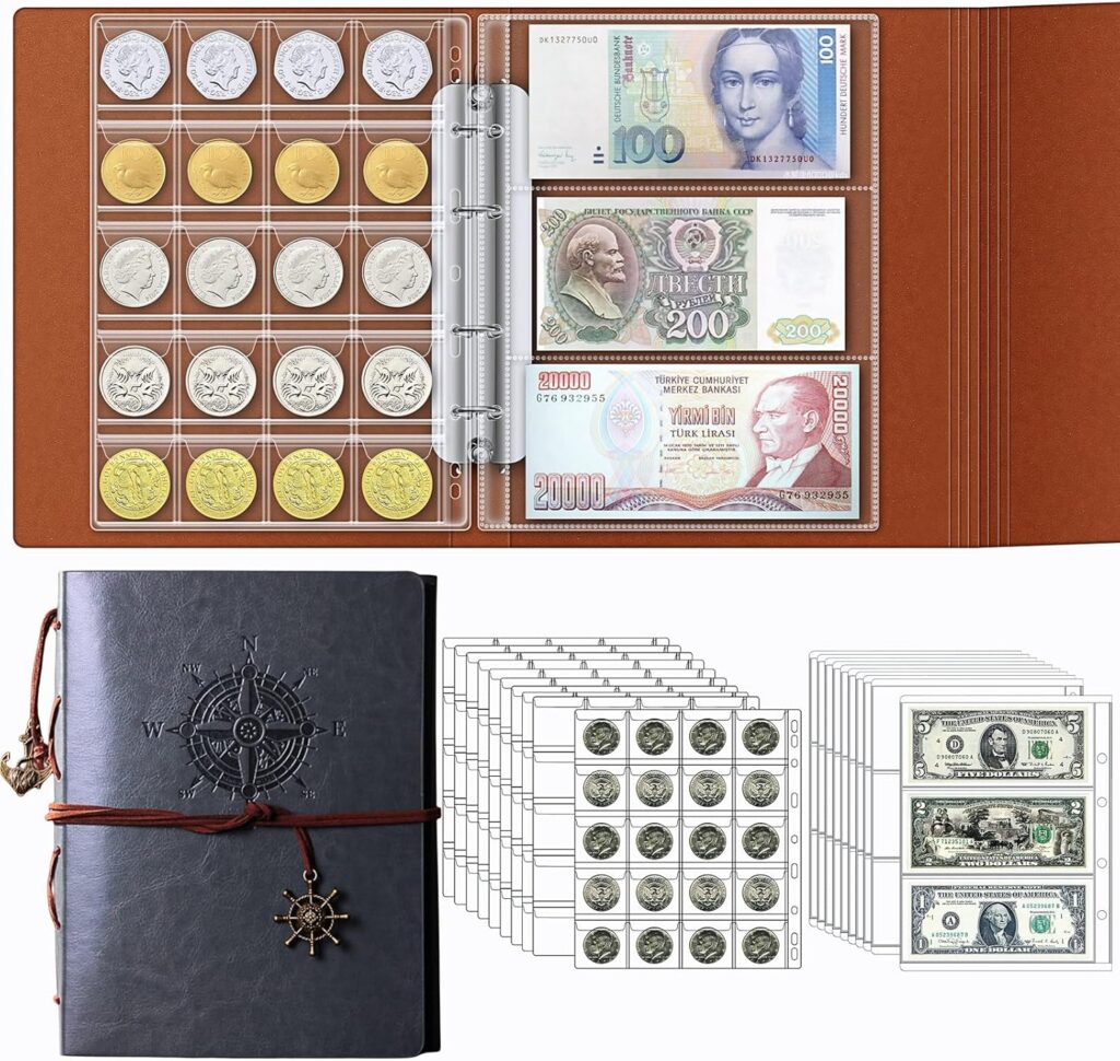 Ettonsun Coin Collection Book Holder for Collectors, 200 Pockets Coin Collecting Album  30 Sleeves Paper Money Currency Display Storage Case for All Coin Collection Supplies (Gray)