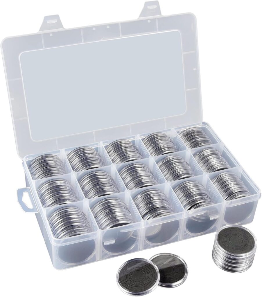 FULLCASE 105 Pieces 46mm Coin Capsules with Foam Gasket and Plastic Storage Organizer Box, 6 Sizes (20/25/27/30/38/46mm) Coins Collector Case Holder for Coin Collection Supplies(Black
