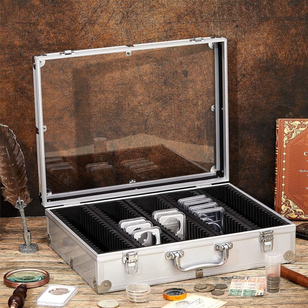 Funrous Aluminum Coin Storage Box Case for Slab Coin Holders Coin Slab Holder Storage Collection Supplies Slabbed Coin Storage Box for Collectors(50 Coins,Silver)