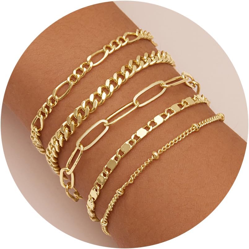 Gold Bracelets Set for Women 14K Real Gold Plated Dainty Gold Link Chain Bracelets for Women Trendy Gold Stackable Cuff Bracelets for Jewelry Gifts Women Adjustable 7+2