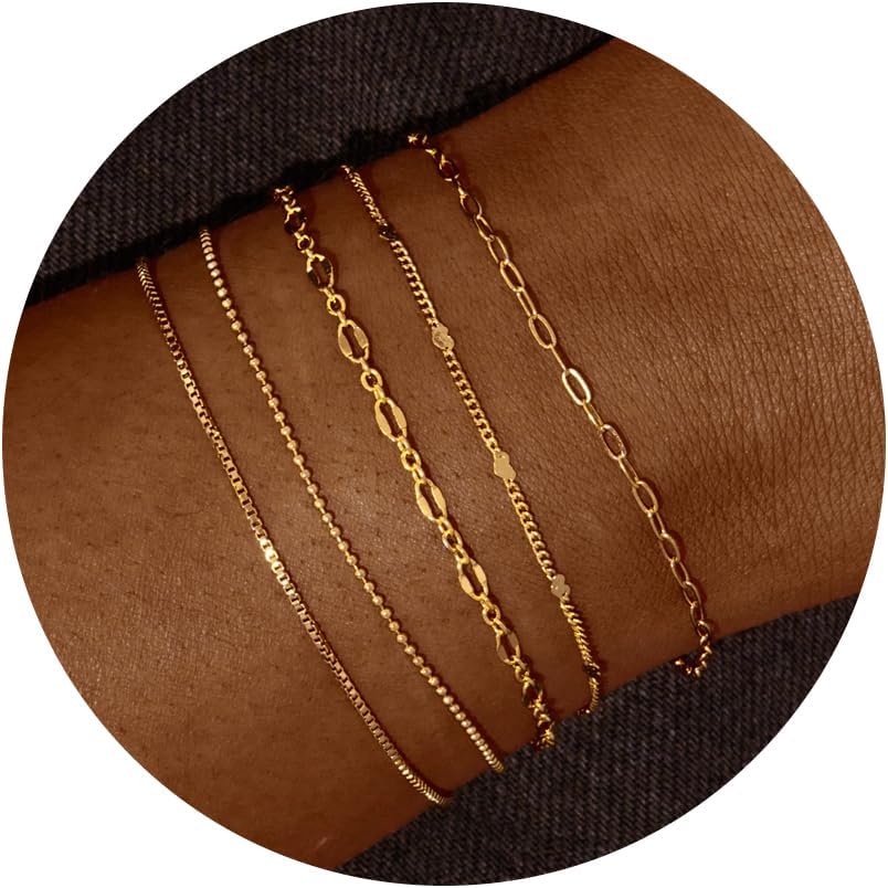 Gold Bracelets Set for Women 14K Real Gold Plated Dainty Gold Link Chain Bracelets for Women Trendy Gold Stackable Cuff Bracelets for Jewelry Gifts Women Adjustable 7+2