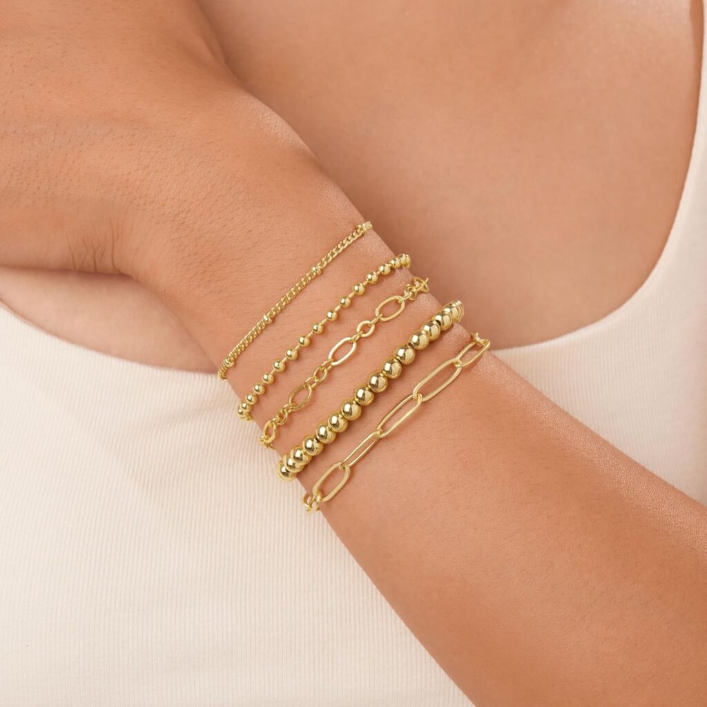 Gold Bracelets Set for Women 14K Real Gold Plated Dainty Gold Link Chain Bracelets for Women Trendy Gold Stackable Cuff Bracelets for Jewelry Gifts Women Adjustable 7+2