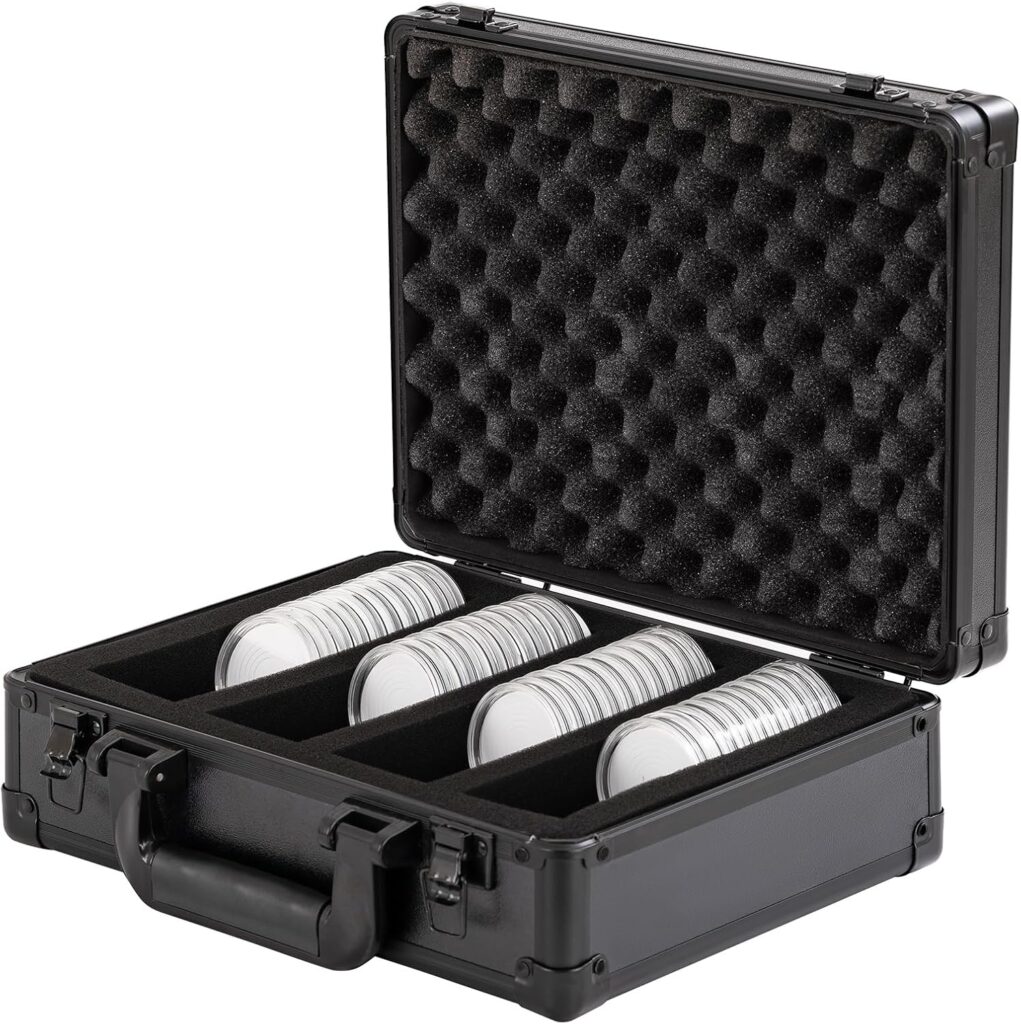 Metal Coin Case Contains 40 Pcs Clear Plastic Coin Capsules, up to 46mm Coin Collection American Silver Eagle Liberty Coin JFK Half Dollar Bitcoin |